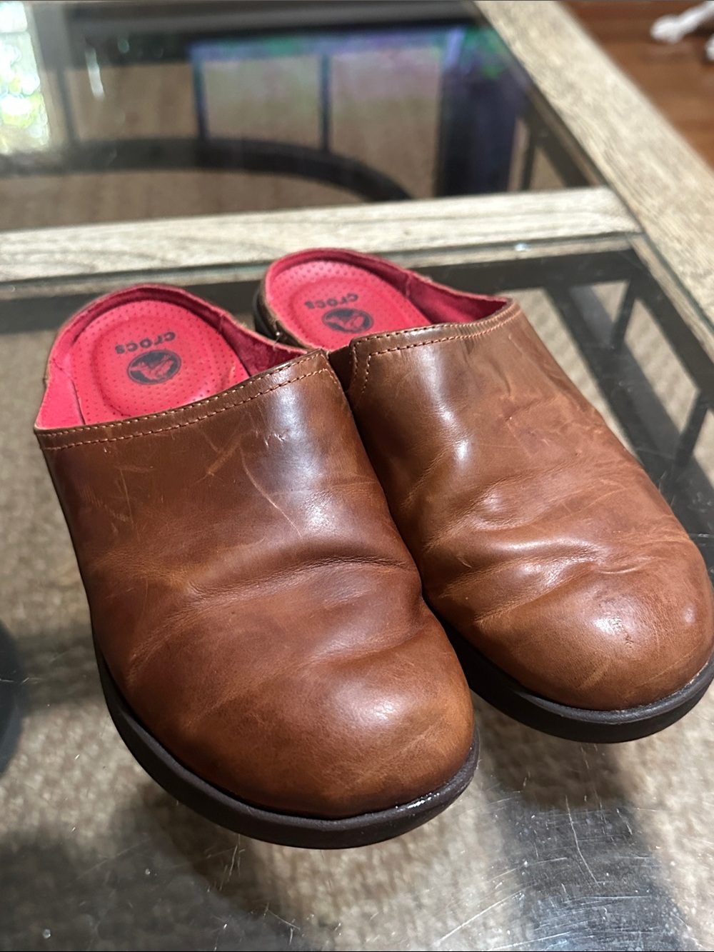 CROCS Brown Leather Clogs with Red Insole